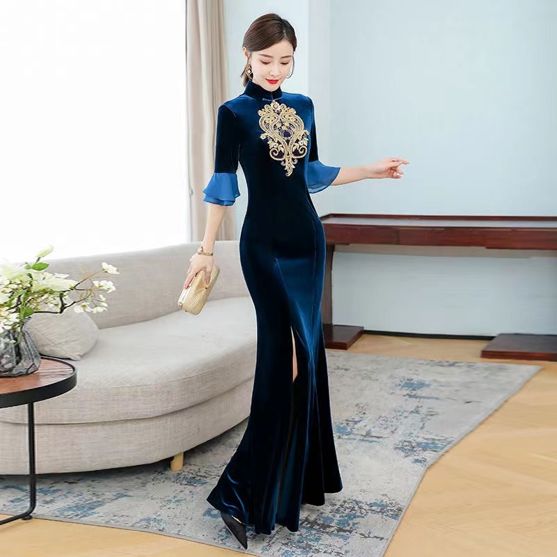 复古优雅荷叶边改良旗袍走秀晚礼服